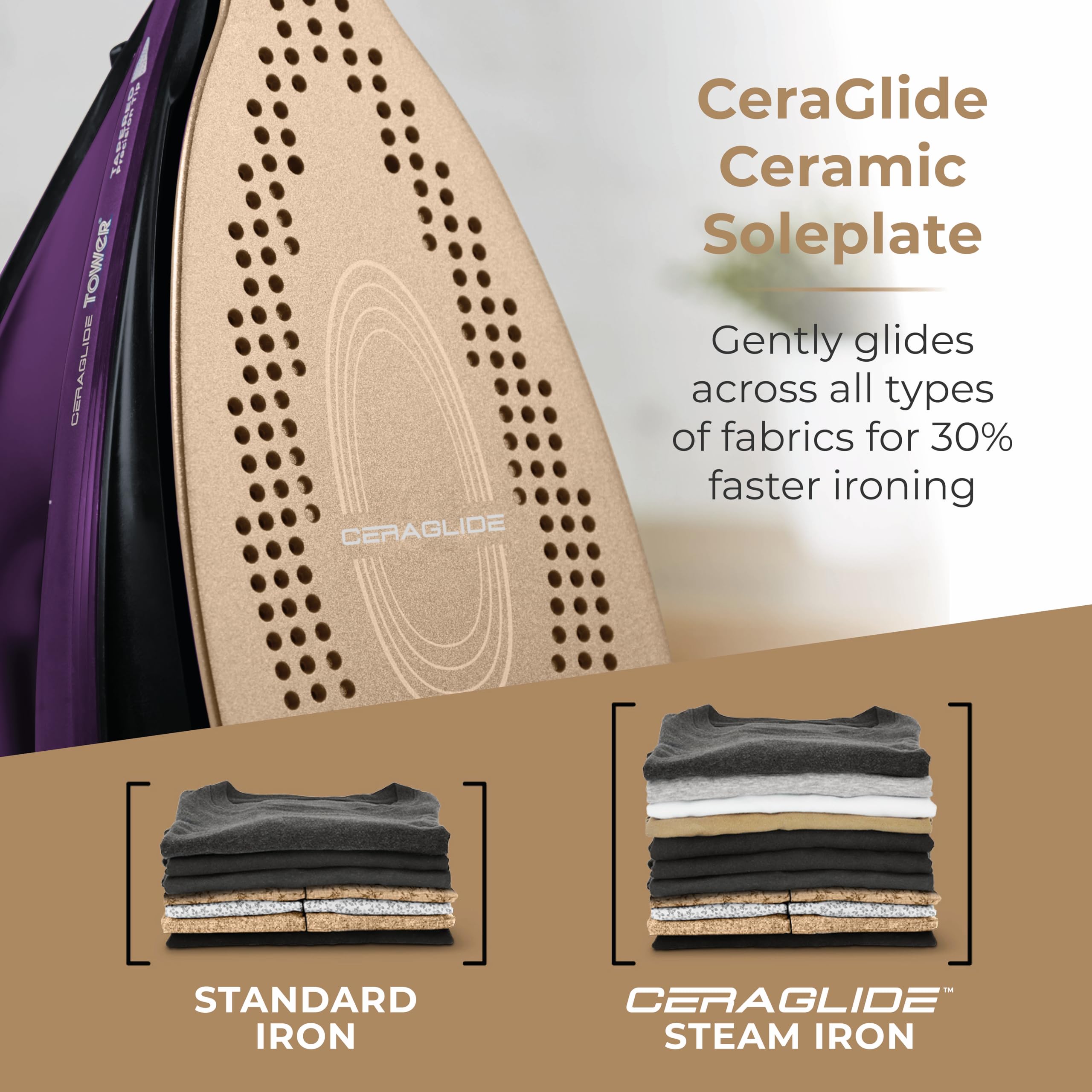 Tower T22008 CeraGlide Cordless Steam Iron with Ceramic Soleplate and Variable Steam Function, 2400 W, Purple