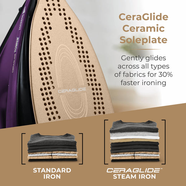 Tower T22008 CeraGlide Cordless Steam Iron with Ceramic Soleplate and Variable Steam Function, 2400 W, Purple