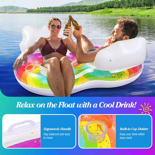 MoKo Pool Floats Adult, Floating Bed with Ice Bar, Tanning Bed Pool Raft Inflatable Lounger with Drink Holder Tanning Chair Inflatable Pool Toys for Party Beach Backyard