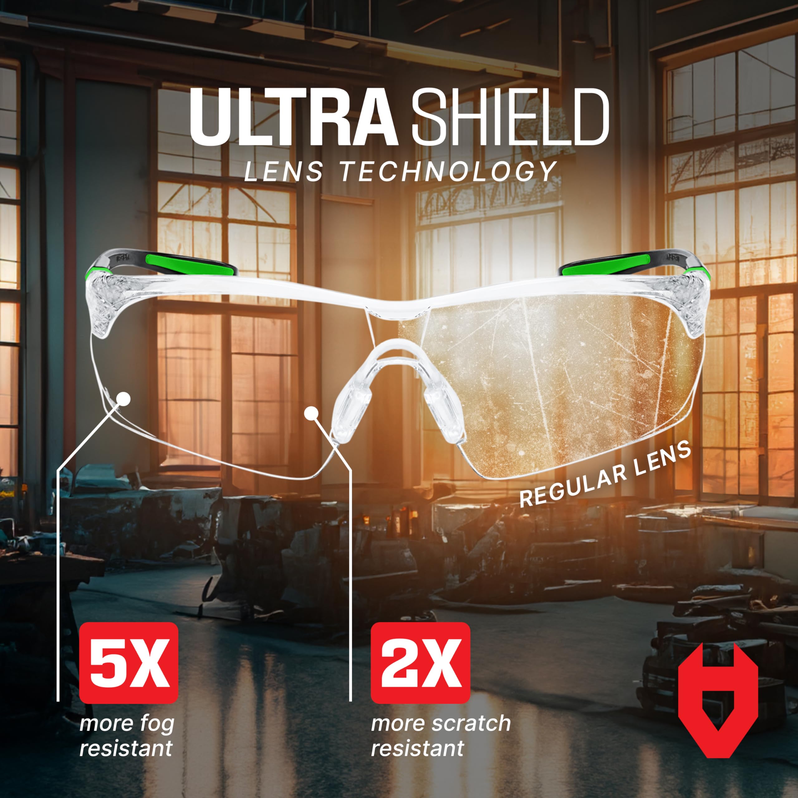 NoCry Clear Safety Glasses for Work with Anti Fog Scratch Resistant Wrap-Around Lenses and Non-Slip Grips, UV Protection. Adjustable Eye Protection Cycling and Squash Glasses with Black & Green Frames