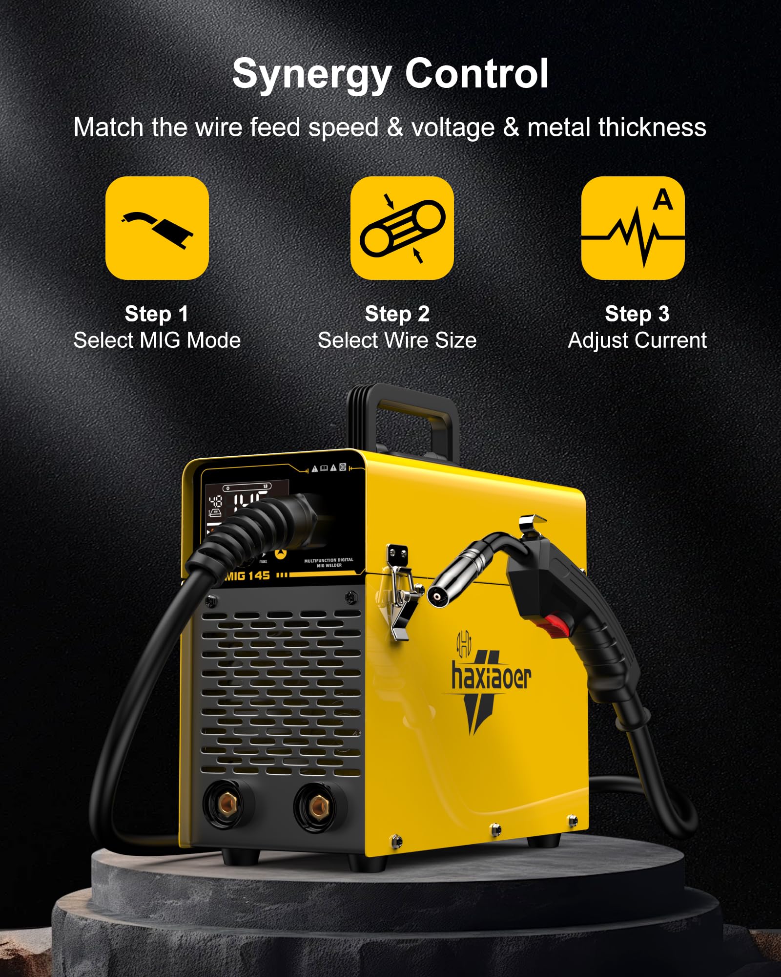 haxiaoer 145A Gasless MIG Welders, 3 in 1 Portable Flux MIG/ARC/Lift TIG MIG Welding Machine with Smart Digital LED Dispaly, Semi-Automatically Synergy Inverter MIG Welder, Best for Beginner