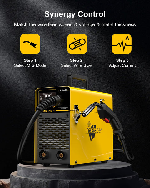 haxiaoer 145A Gasless MIG Welders, 3 in 1 Portable Flux MIG/ARC/Lift TIG MIG Welding Machine with Smart Digital LED Dispaly, Semi-Automatically Synergy Inverter MIG Welder, Best for Beginner