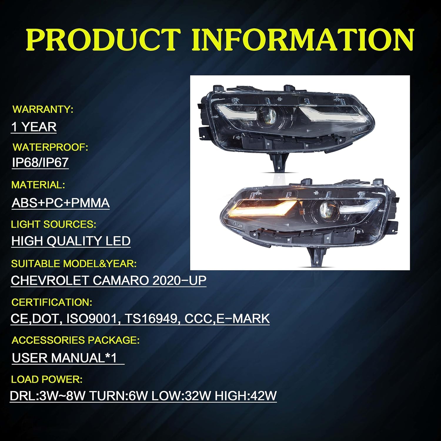 VLAND LED Headlights Compatible with Chevy Camaro 2019-2024 coupe 1LS,1LT,2LT,3LT,LT1/Convertible 1LT,2LT,3LT,LT1, Front Light with Turn Signal and DRL