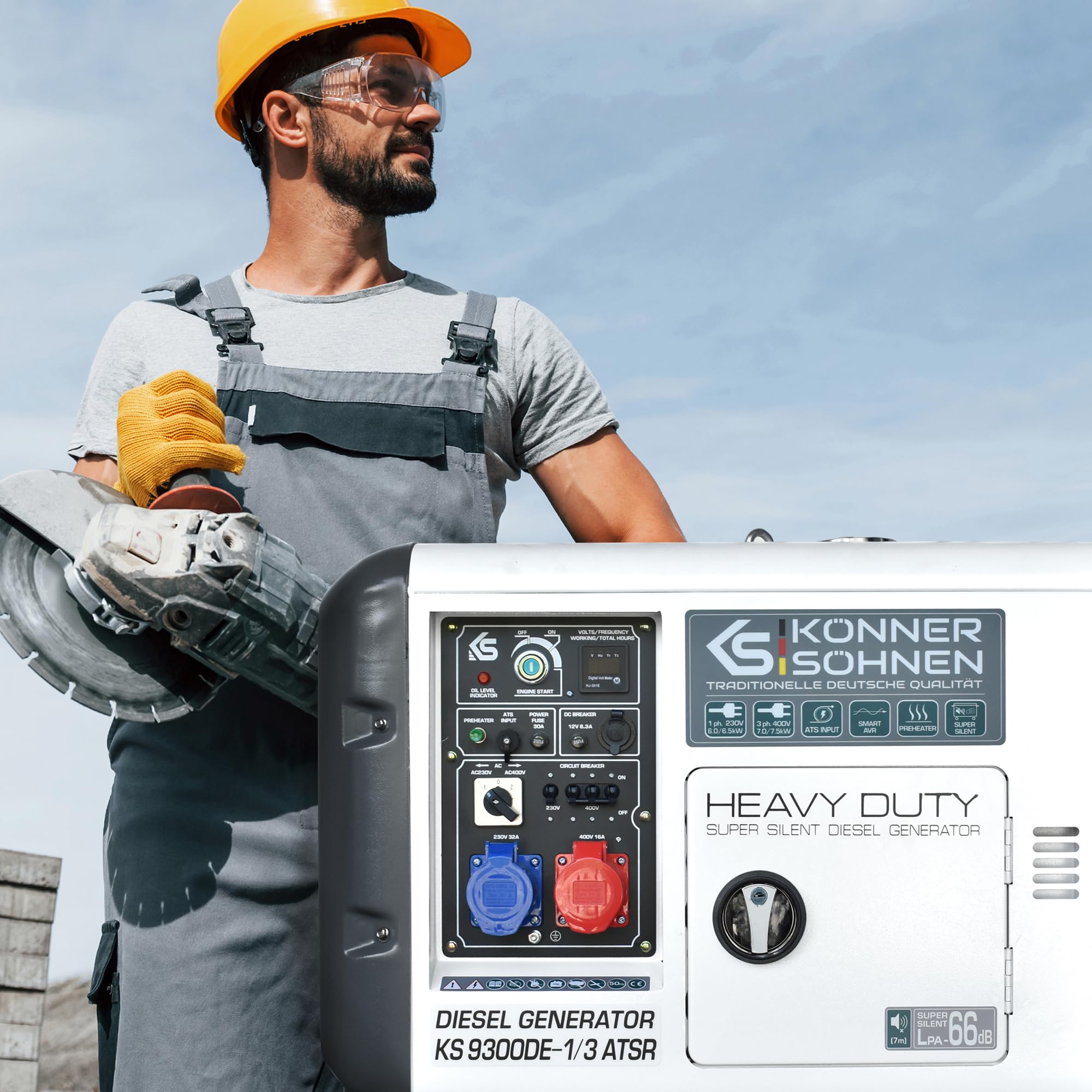 KS 9300DE-1/3 ATSR, diesel emergency generator 7500 W (400 V) / 6500 W (230 V), VTS phase switching system, diesel power generator EURO 5, LED display, air preheater, ATS connection