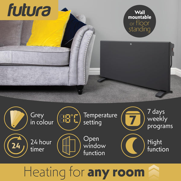 Futura 2000W Grey Electric Radiator Heaters for Home, Bathroom Safe Electric Heater Setback Timer Lot 20 & Advanced Thermostat Control Wall Mounted or Floor Standing Low Energy Panel Heater