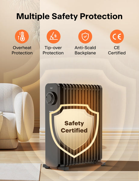 PELONIS Electric Radiator with Adjustable Thermostat and 3 Heat Settings, Oil Filled Heater with Overheat Protection (2500W, Knob Control)