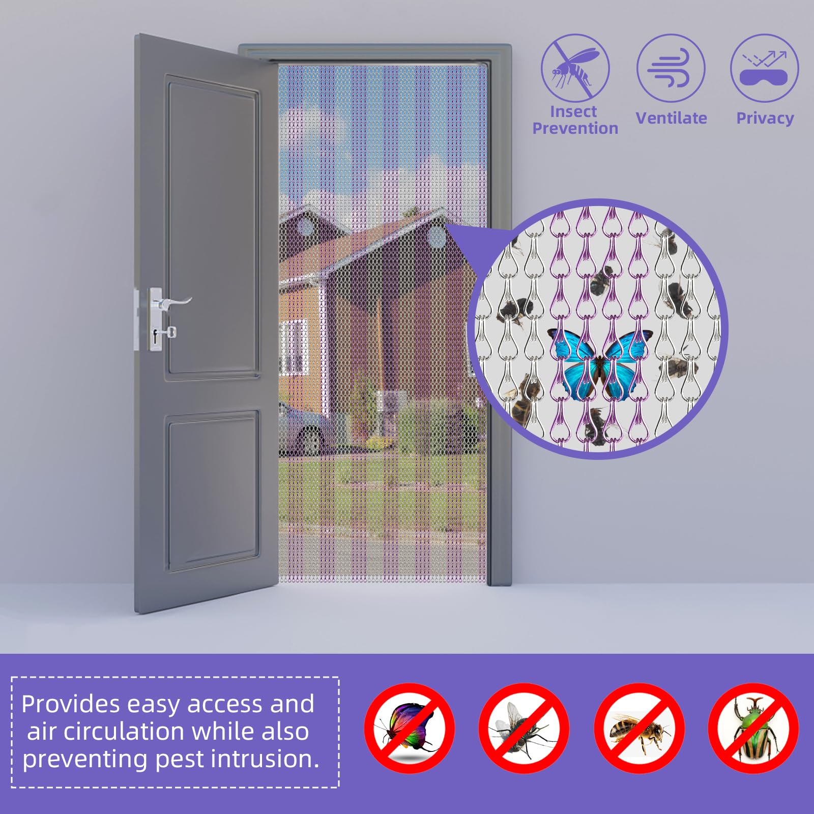 Gluwoer Aluminium Chain Curtain 100 x 210cm Metal Door Fly Screens Insect Control Curtain for Doorways (Silver & Purple)