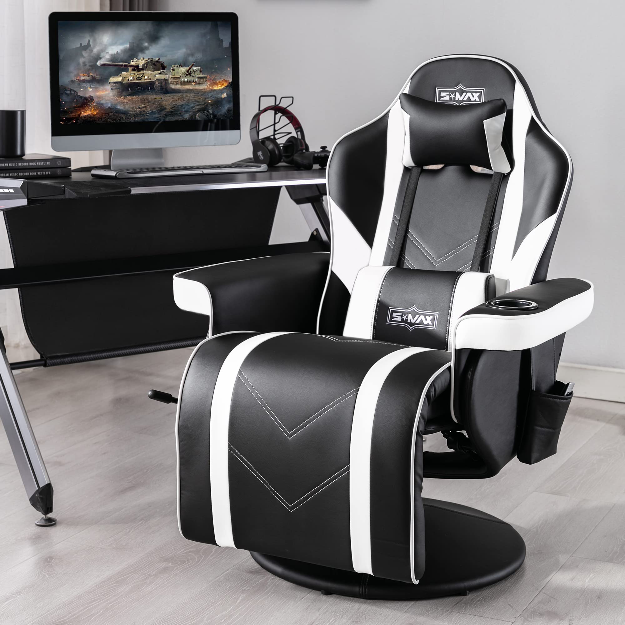 S*MAX Gaming Chair Recliner Height Adjustable Ergonomic Higher Back and Wider Lumbar Support Swivel PU Leather Gaming Chair with Footrest Cup Holder Gamer Chairs for Adults Black X Large