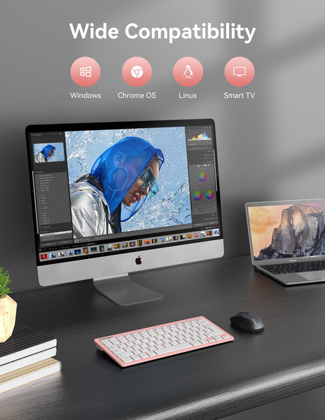 TECKNET 2.4G Wireless Keyboard For Windows/Chrome OS, UK Layout Compact Mini Keyboard, Small Silent Whisper-Quiet Keyboards with 12 months Battery Life (Pink)