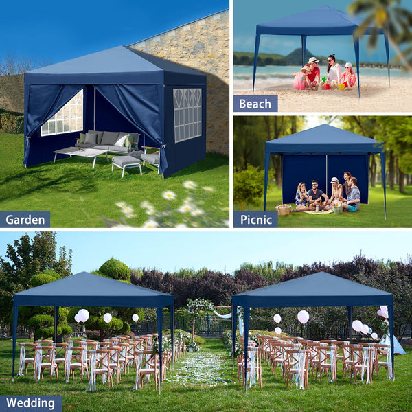Outopee 3m x 3m Ez Pop Up Canopy Tent with 4 SideWalls, Outdoor Gazebo Portable Instant Canopy for Commercial Events, Party, Backyard BBQ, Camping, Blue