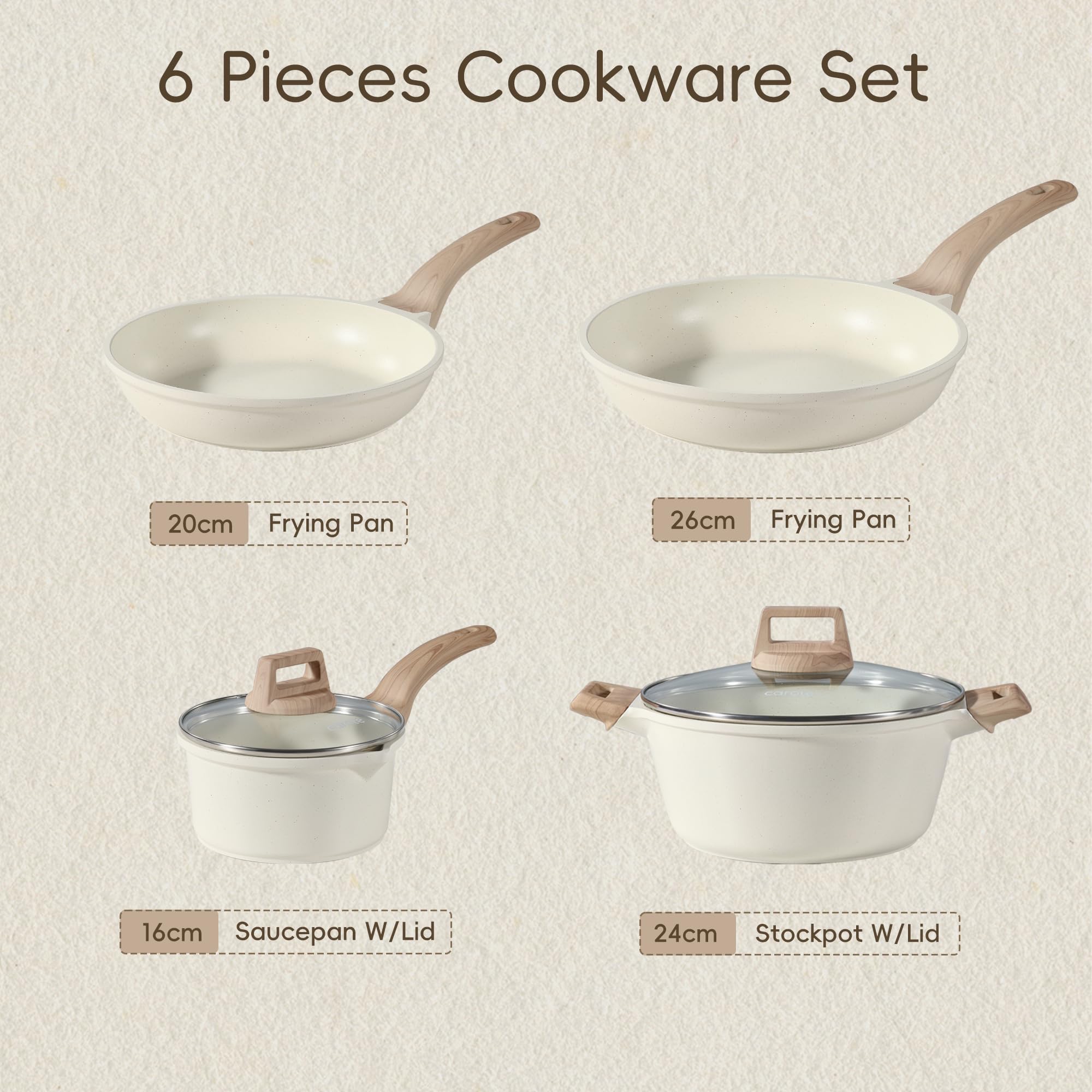 CAROTE Pots and Pans Sets Non Stick, 8 PCS White Granite Induction Hob Pan Set, Natural Non Toxic Cooking Cookware Set with Saucepan Set,Suitable for All Stoves