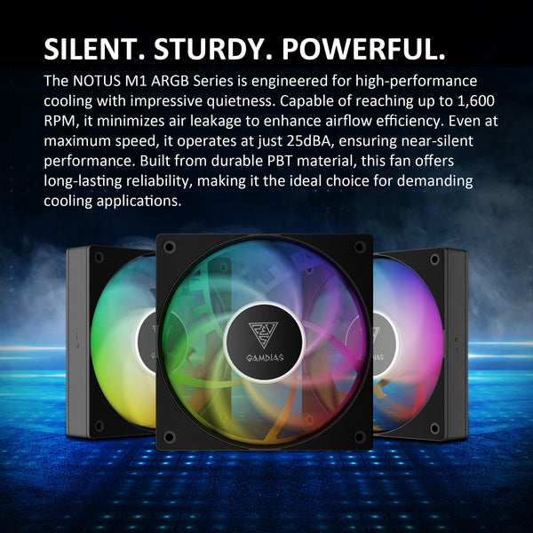 GAMDIAS NOTUS M1-1203 120mm ARGB PWM Fan (3 Pack), Include Reverse Blade x3, Daisy-Chain Connection, Closed-Loop Technology for Steady RPM on Cooler, Low-Noise Operation (Max. 1600RPM @25dBA), Black