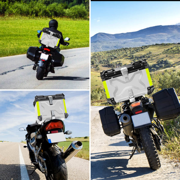 VOKKA Motorcycle Top Box, 65L Aluminium Alloy Waterproof Dustproof and Anti-Theft, Luggage Box for Storage Helmet, Motorbike Top Case with Backrest and Baseplate (Silver)