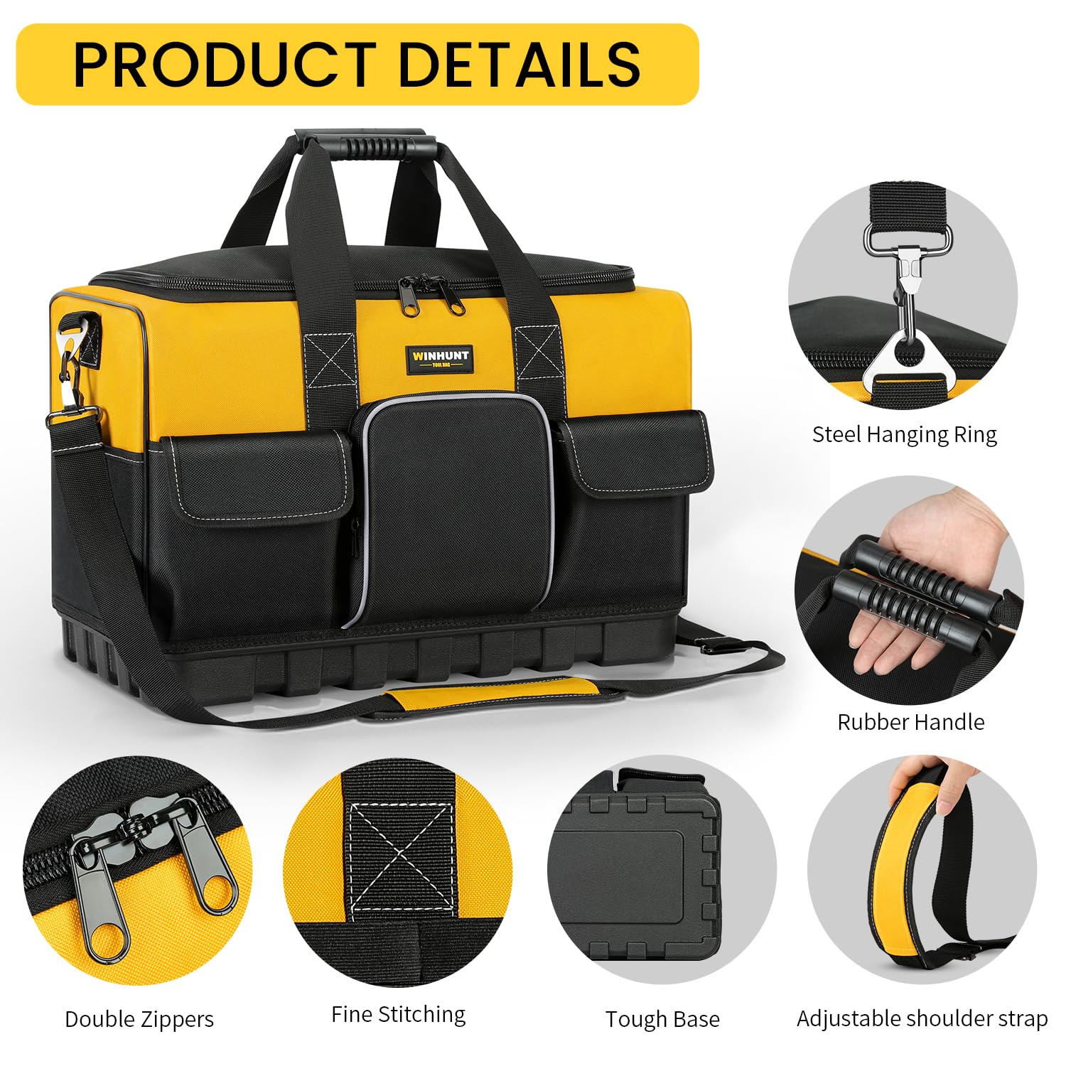 WINHUNT Open Mouth Tool Bag, Heavy Duty Electrician Tool Bags, Tool Storage Organiser with Waterproof Hard Base, Yellow/Black, 16 Inch