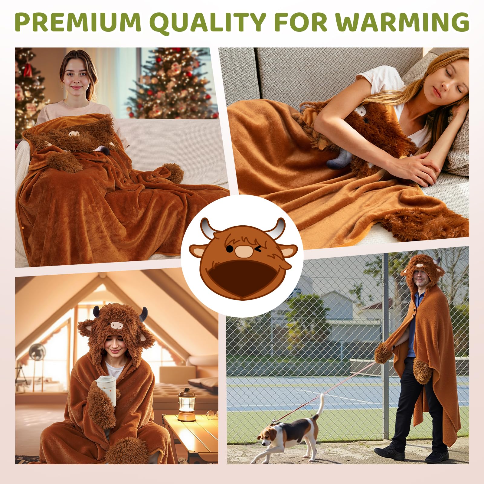 Mewaii Oversized Wearable Blanket Hoodie  Kawaii Highland Cow Hooded Cloak, Soft Plush Flannel Blanket Hoodie, Unisex Cozy Blanket as Birthday Gifts