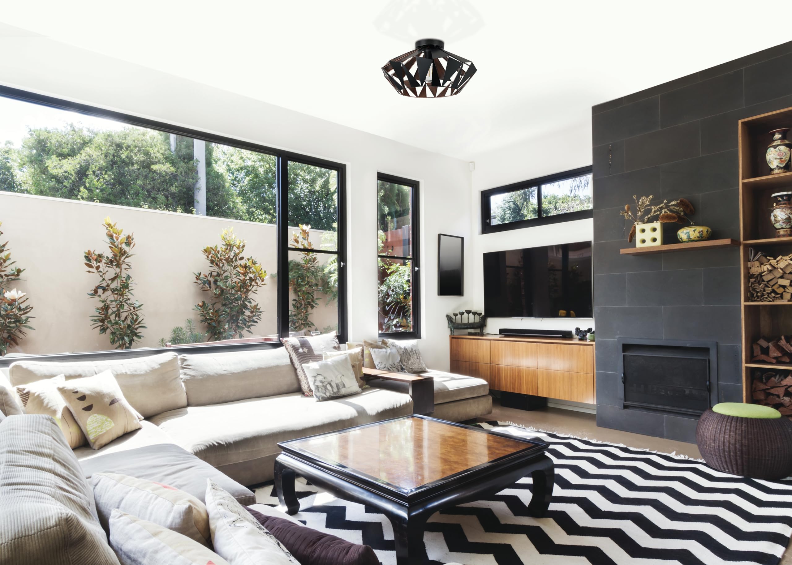 Eglo Flush Ceiling Light Carlton6, Vintage, Industrial and Retro Design, Living Room, Kitchen and Hallway lamp, Black Steel and Copper, E27 Socket