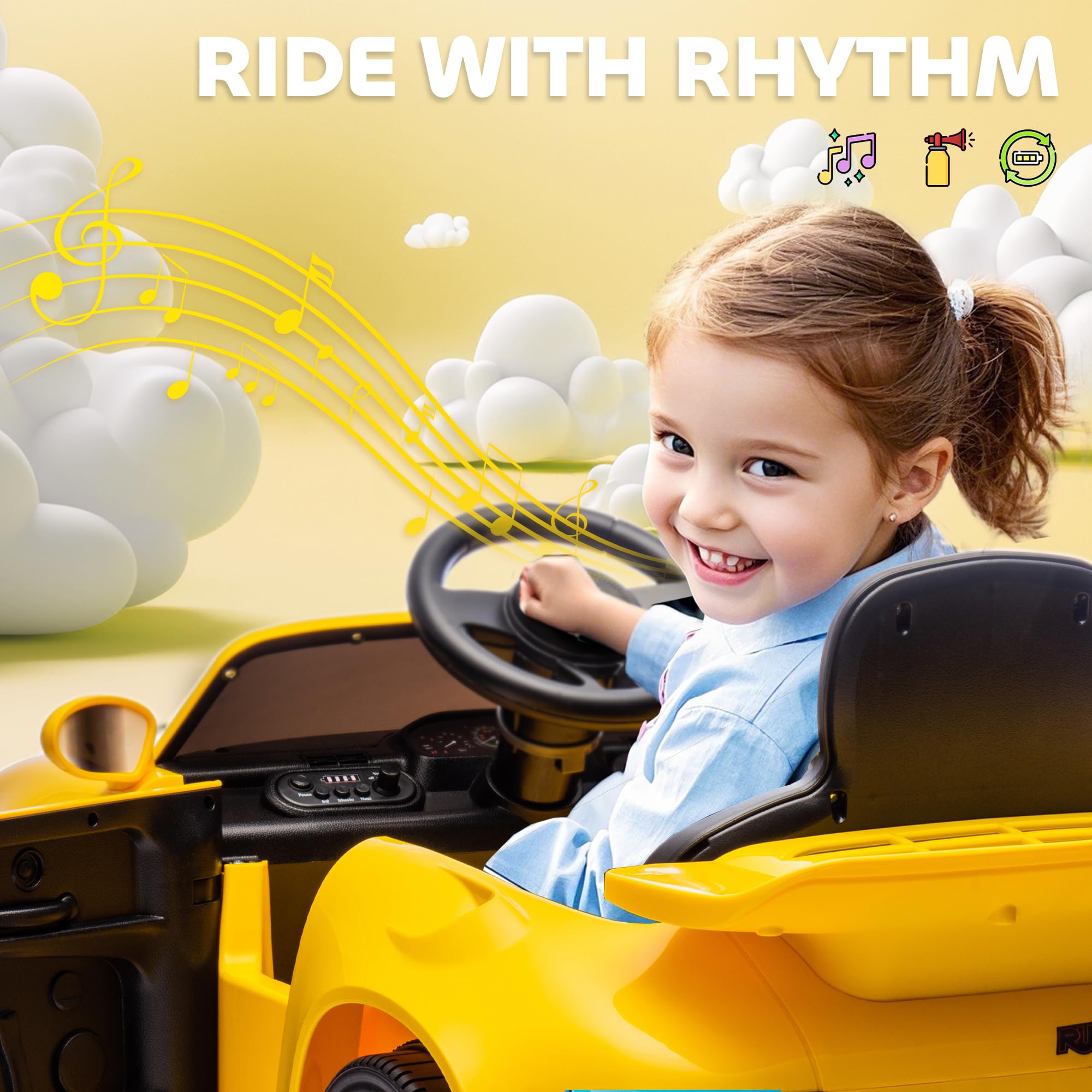 AIYAPLAY Licensed RUF CTR 2017-Yellowbird Electric Car for Kids, Ride On Car 12V Battery Powered Kids Electric Vehicle with Remote Control, Soft Start, MP3 Player, LED Lights, Horn, Yellow