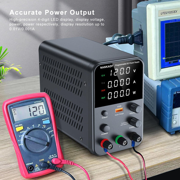 DC power supply (0-30V,0-10A) adjustable, switching power supplies, mini high precision 4-digit display with USB fast charging interface, variable lab bench power supply, output button/encoder knob