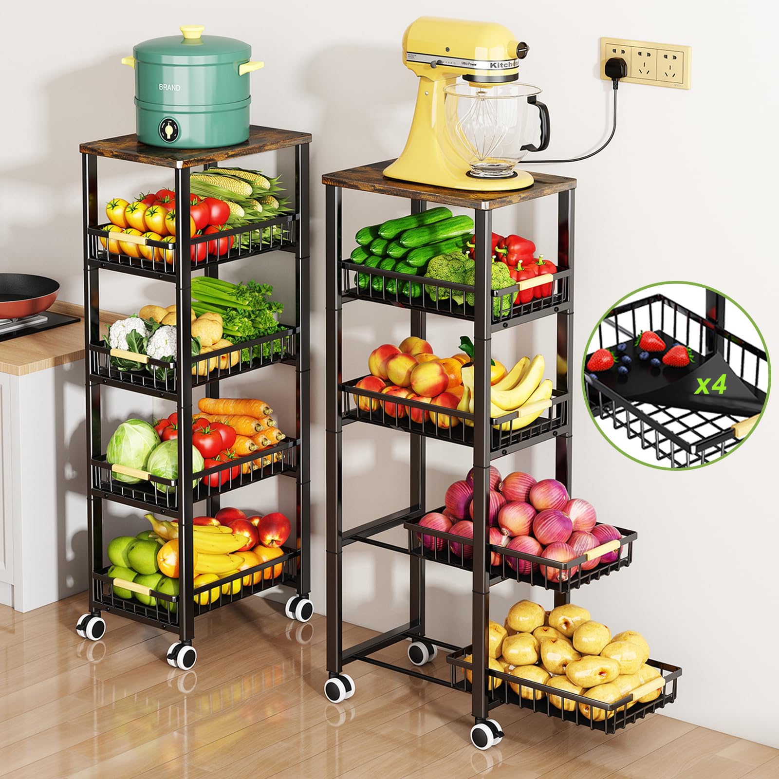 Fruit Vegetable Storage Basket for Kitchen, 5 Tier Large Pull-Out Metal Wire Baskets with 4 Pack Mats Bottom, Wood Top and Wheels, Vegetable Produce