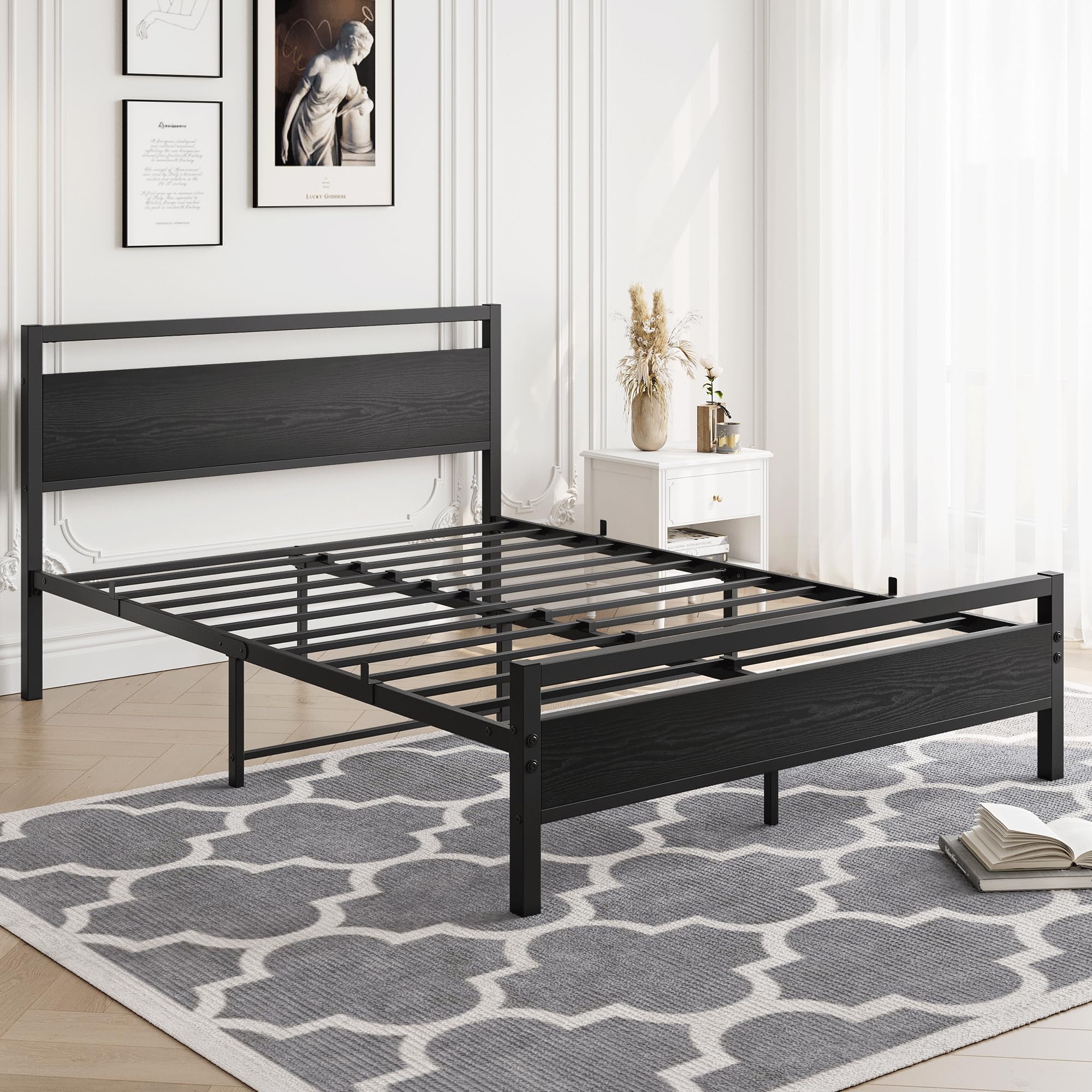 HOJINLINERO 4ft6 Double Bed Frames with Wooden Headboard,Metal Platform Bed Frame Double Bed Base No Box Spring Needed,Mattress Foundation,Industrial