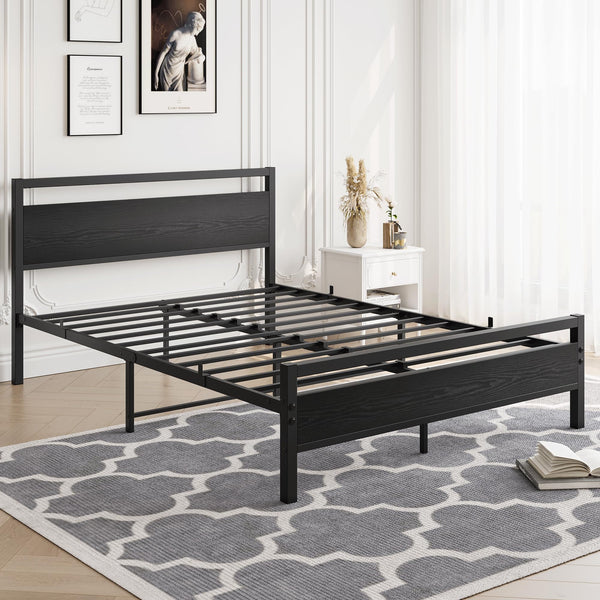 HOJINLINERO 4ft6 Double Bed Frames with Wooden Headboard,Metal Platform Bed Frame Double Bed Base No Box Spring Needed,Mattress Foundation,Industrial