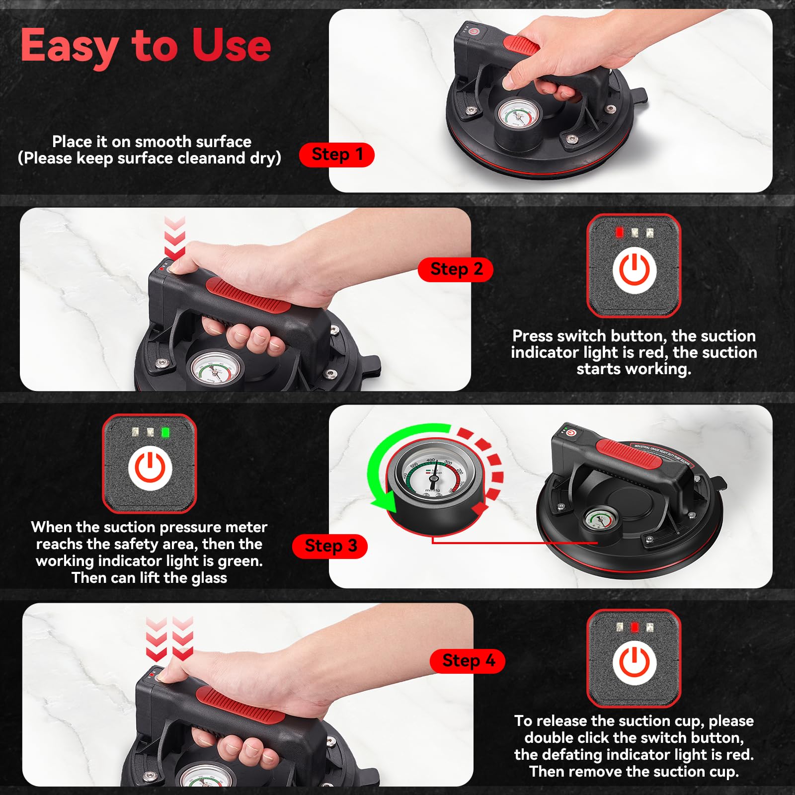 Avhrit 8 Inch Electric Vacuum Suction Cup, Glass Suction Cups Heavy Duty for Lifting Large Glass, 500lbs Load Capacity, Rechargeable Glass Lifter for Windshield, Window, Granite, Tile (Two Pack