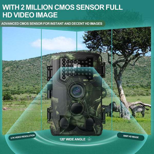 Wildlife Camera 2.7K Trail Camera 58MP with 960nm IR LEDs Night Vision Motion Activated Hunting Camera IP66 Waterproof 0.2s Trigger Time Game Camera for Wildlife Monitoring with 32GB Card&Card Reader