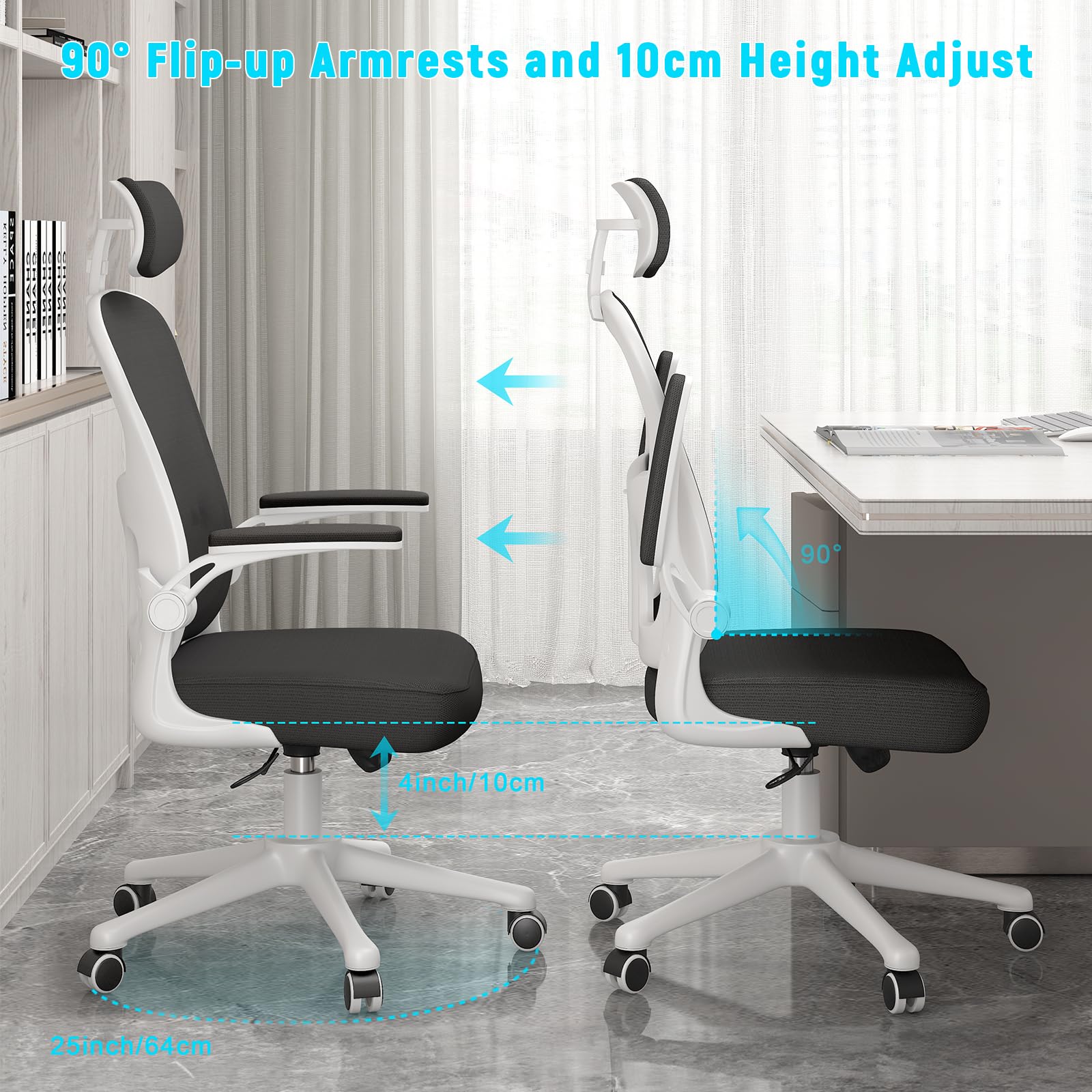 naspaluro Office Chair Ergonomic Desk with 90° Flip-up Armrest Lumbar Support, Height Adjustable Chair, Executive Swivel Computer Padded Seat Cushion for Home/Office