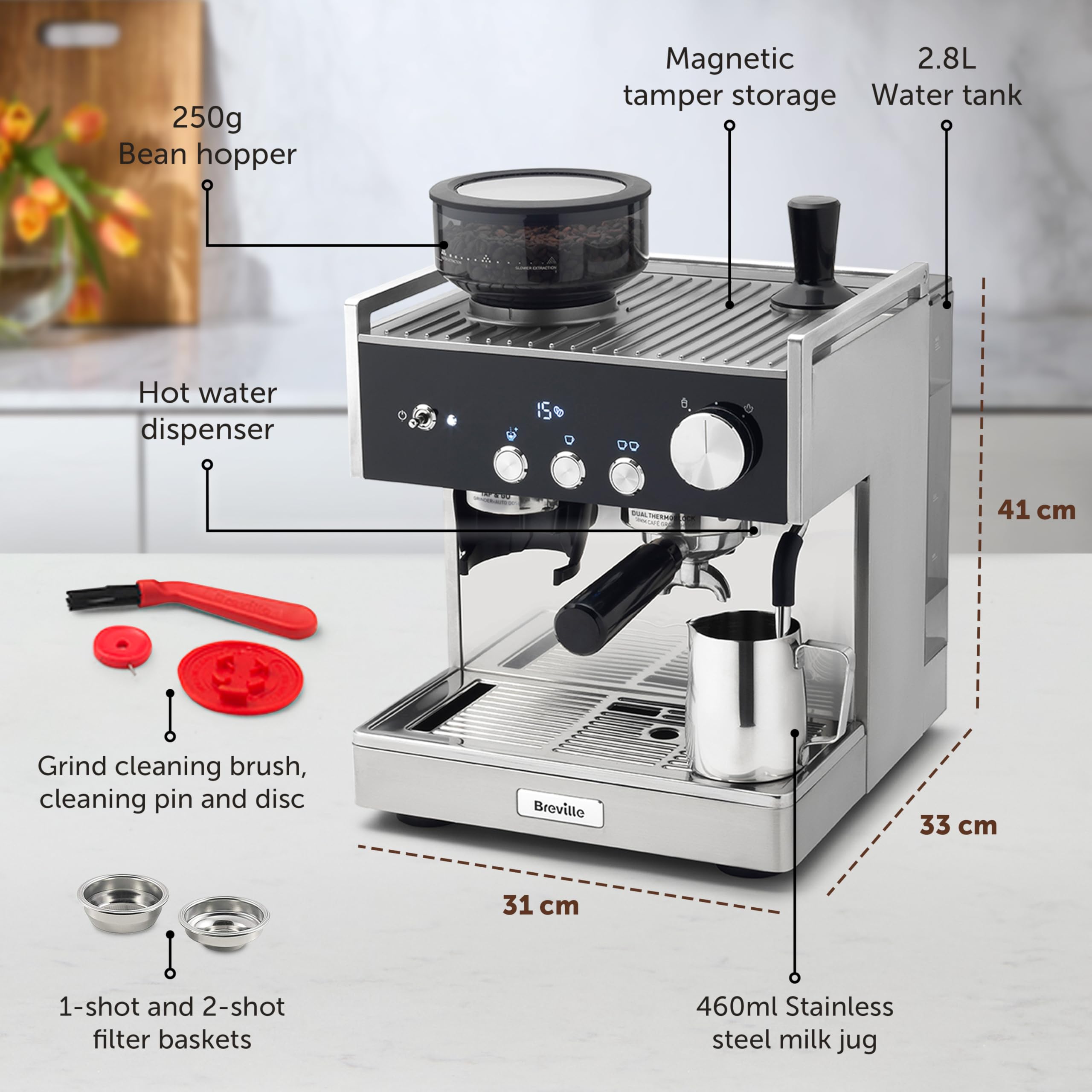 Breville Barista Max Espresso Machine | Latte & Cappuccino Coffee Maker with Integrated Bean Grinder & Steam Wand | 2.8 L Water Tank | 15 Bar Italian Pump | Stainless Steel