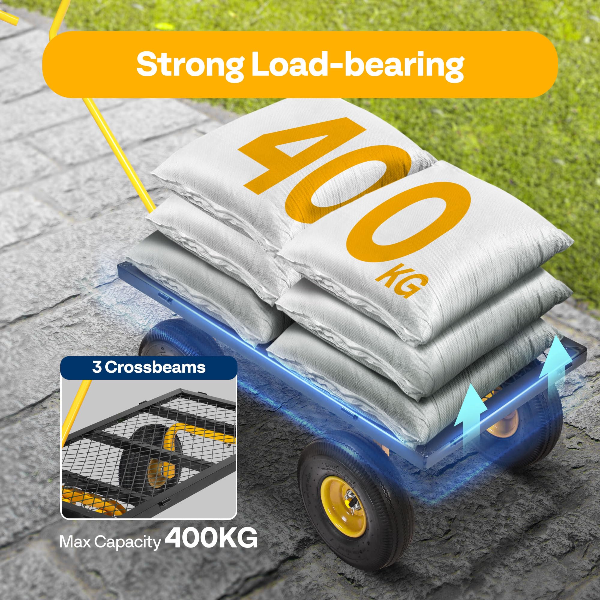 VIVOHOME Hand Trolley 400kg Capacity Durable Transport Cart with 10cm Pneumatic Tires and 180° Rotatable 80cm Handle Heavy Duty Metal Grids for Garden and Camping