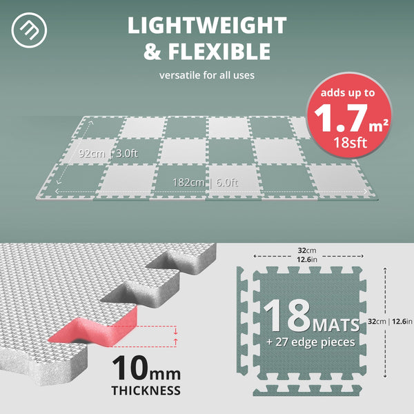 Interlocking Soft Foam Floor Mat - 18 Pieces Protective Gym Flooring Set, Exercise Mats EVA Puzzle Rubber Tiles, Ground Surface Protection Workout Underlay Matting Sports Pool Home Fitness Garage
