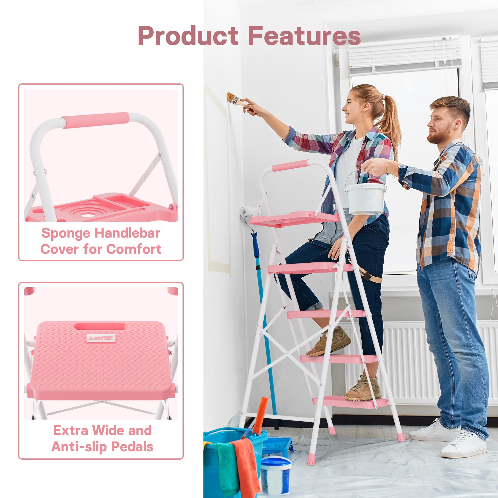 BONTEC 4 Step Ladder Folding, Heavy Duty Foldable Step Stool with Wide Anti-Slip Pedals, Sponge Handrail and Tool Tray, Portable Household Ladder 150kg Capacity, Compact Collapsible Indoor Ladder