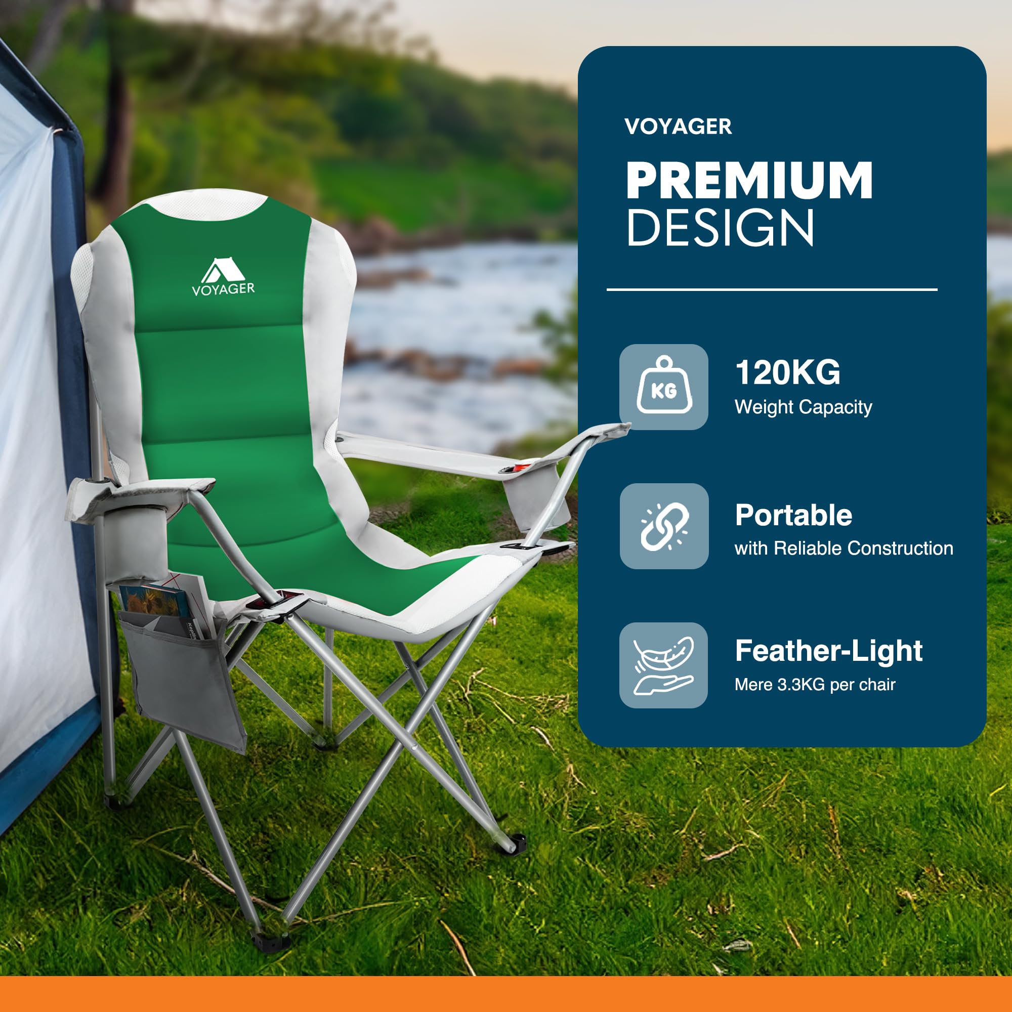 Voyager Folding Camping Chairs 2 Pack with Cooler Bag, Lightweight Q195 Steel Frame, 600D Oxford Fabric, Portable & Comfortable - Black (Black, Padded)
