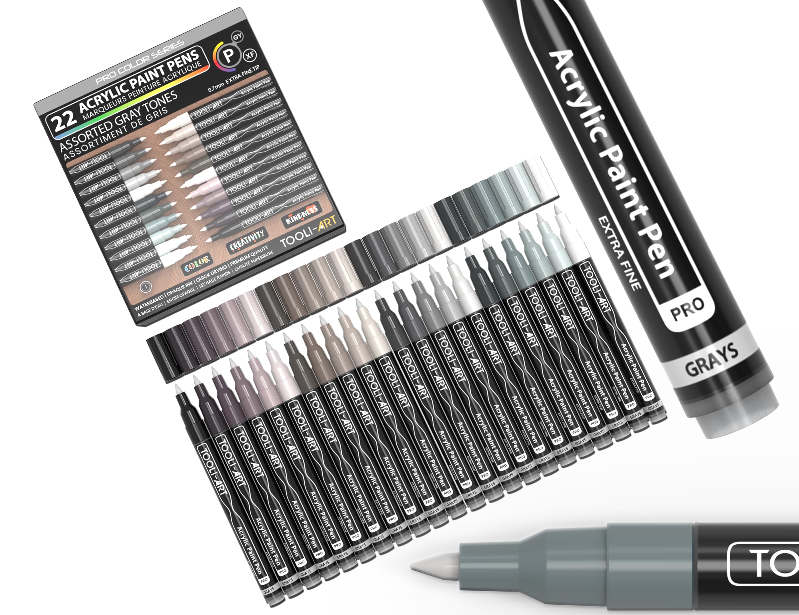 Acrylic Paint Pens 22 Gray Tones Assorted Pro Colour Series Markers Set 0.7mm Extra Fine Tip for Rock Painting, Glass, Mugs, Wood, Metal, Canvas,