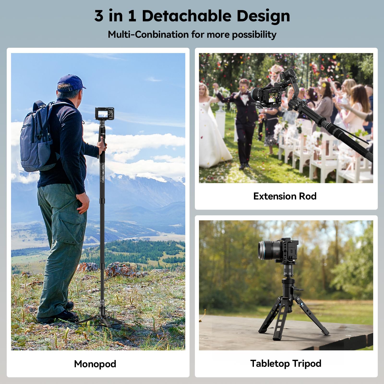 SIRUI SVM-145 Camera Monopod with Feet for Photography, 145cm Carbon Fibre Camera Monopod with Removable Tripod Stand Base, for DSLR, Camcorder, Max Load 10kg