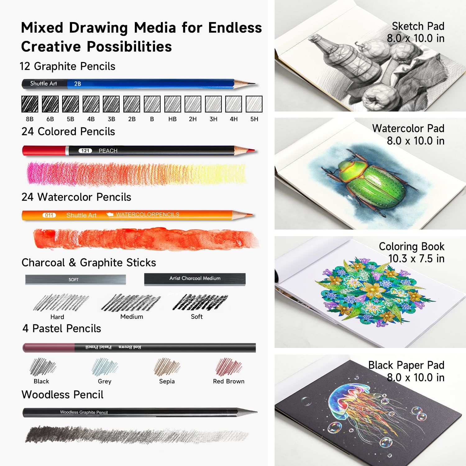 Shuttle Art 116 Pack Sketching and Drawing Pencils Set, Sketch Art Pencil Set with 4 Drawing Pads, Graphite Pencils in Zipper Case, Colouring Pencils