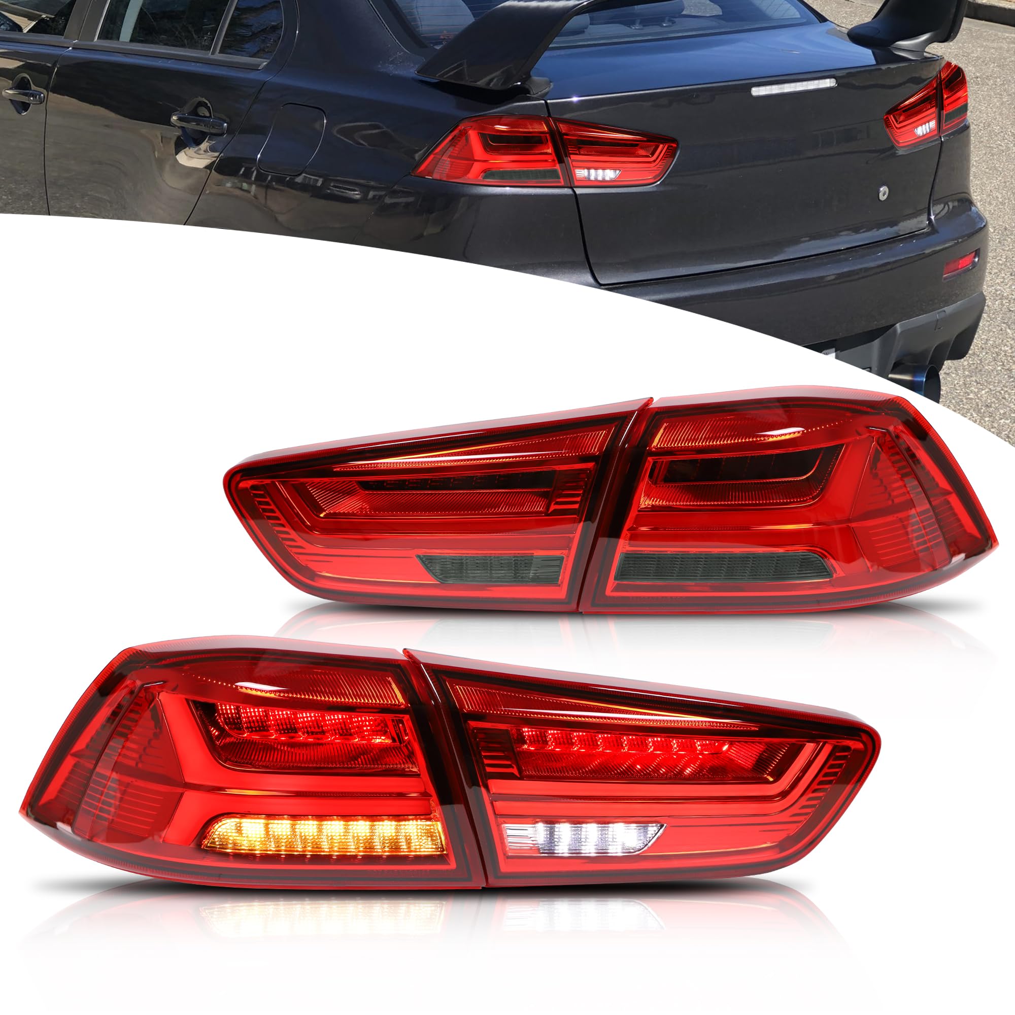 VLAND LED Rear Lights compatible with Lancer & EVO X 2008-2020 (Not Fit fortis/io), w/Sequential indicator, Driver & Passenger Side (Smoked dynamic 2)
