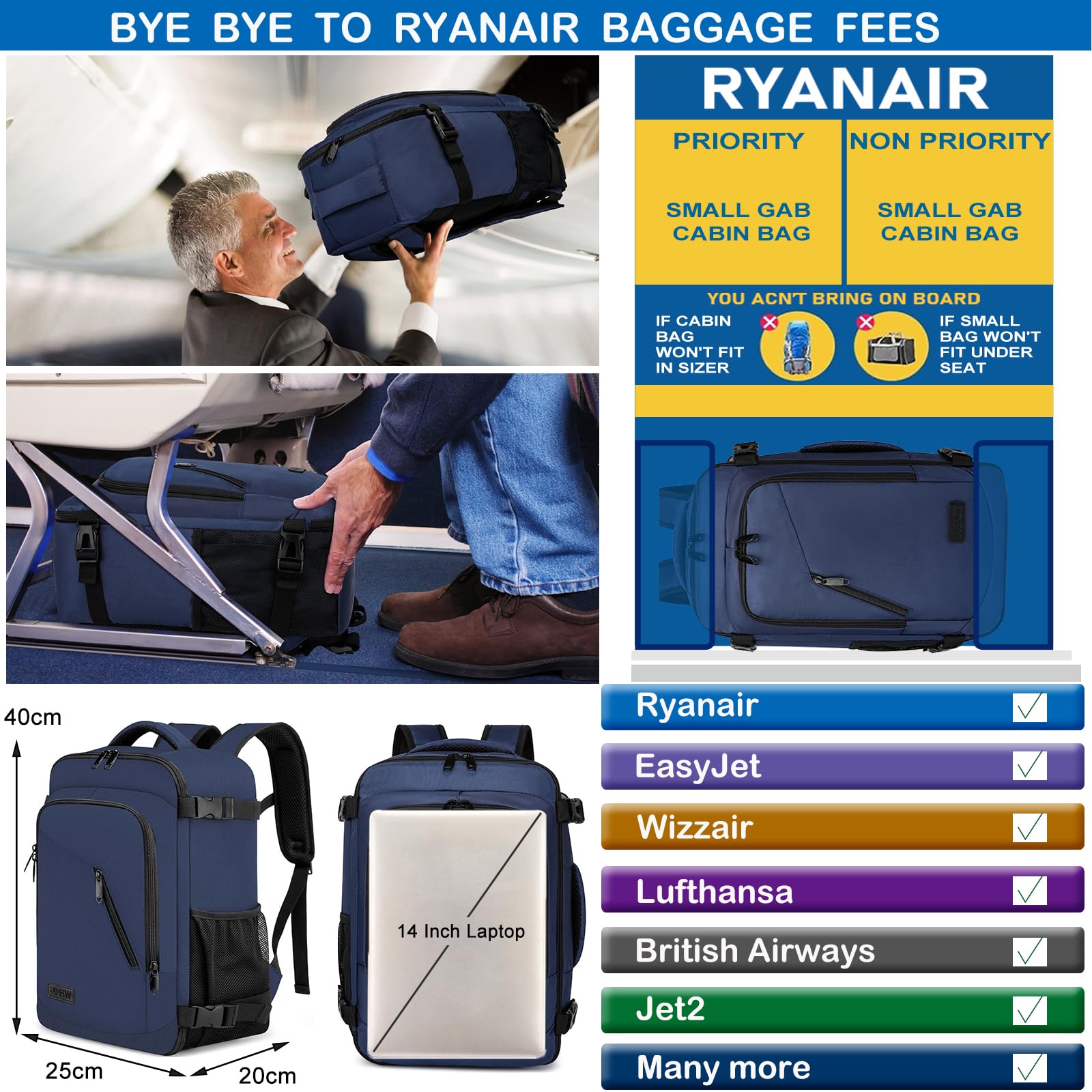 Cabin Bags 40x20x25 for Ryanair Underseat 20L Small Travel Hand Luggage Backpack Carry-ons Bag Cabin Size for Airplanes Flight Bag Travel Rucksack Fit 14 Inch Laptop with USB Charging Port-Black