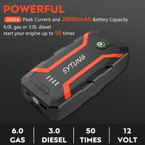 SYTUNG Car Battery Booster Jump Starter Power Pack, 12V Auto Battery Booster Pack, 2000A Peak 20000mAh Portable Power Bank Charger (Up to 6.0L Gas or 3.0L Diesel Engine)