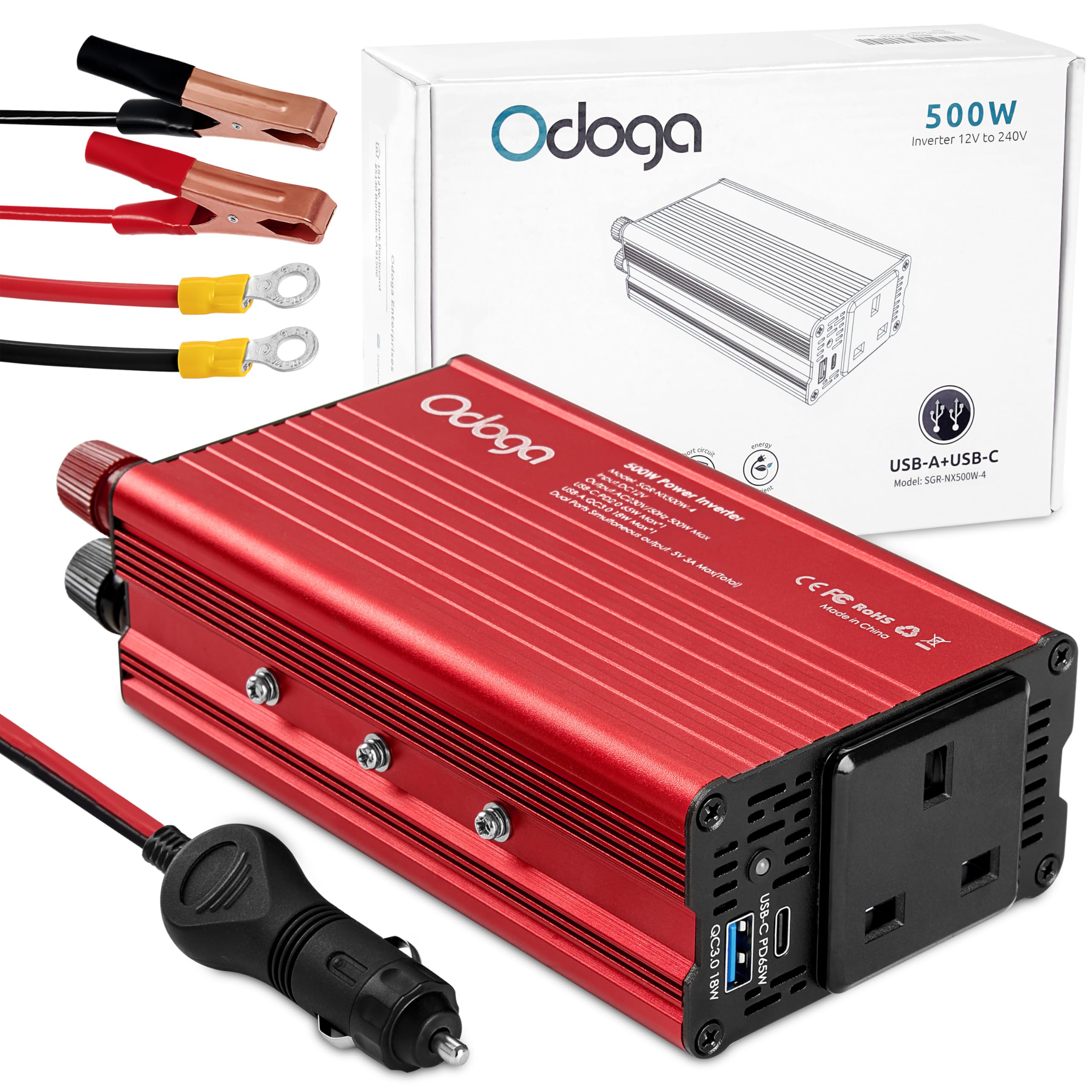 Odoga 300W Car Power Inverter 12V to 240V / 230V Converter, USB-A and USB-C 3A Charging Ports - Charge Your Laptop, iPad, iPhone, Tablet, Consoles & More - Durable and Powerful - Black Aluminum Body