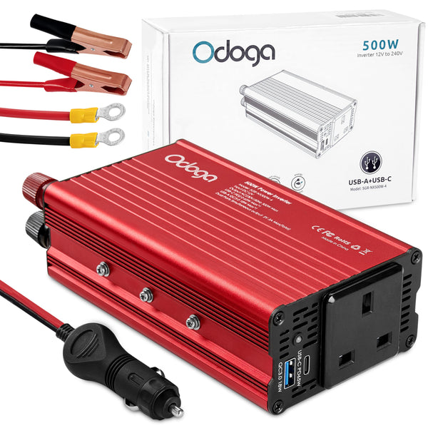 Odoga 300W Car Power Inverter 12V to 240V / 230V Converter, USB-A and USB-C 3A Charging Ports - Charge Your Laptop, iPad, iPhone, Tablet, Consoles & More - Durable and Powerful - Black Aluminum Body
