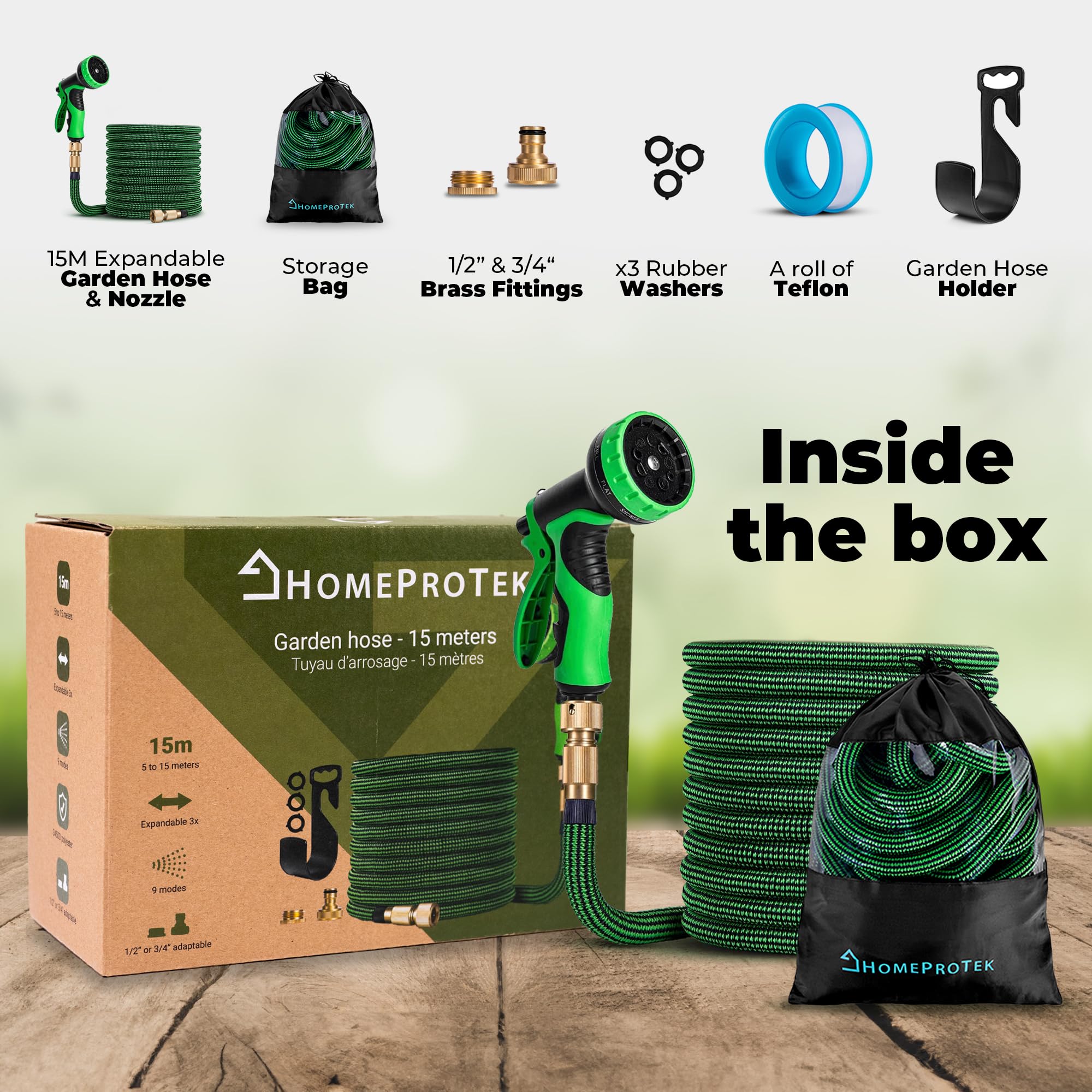 HOMEPROTEK Expandable Garden Hose 50ft / 15m - Retractable Garden Hose Pipe Spray Gun Including 9 Modes, 3-Layer Latex No-Kink Flexible Water Hose