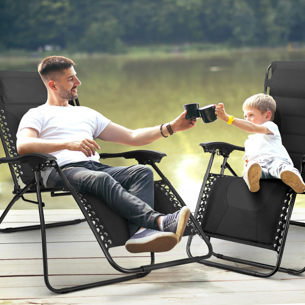 KEPLIN Set of 2 XXL Premium Heavy Duty Padded Zero Gravity Chairs - Luxurious Garden Recliners, Adjustable Headrest, Cup & Phone Holder, Foldable, Easy to Clean Patio Sun Loungers(Black)