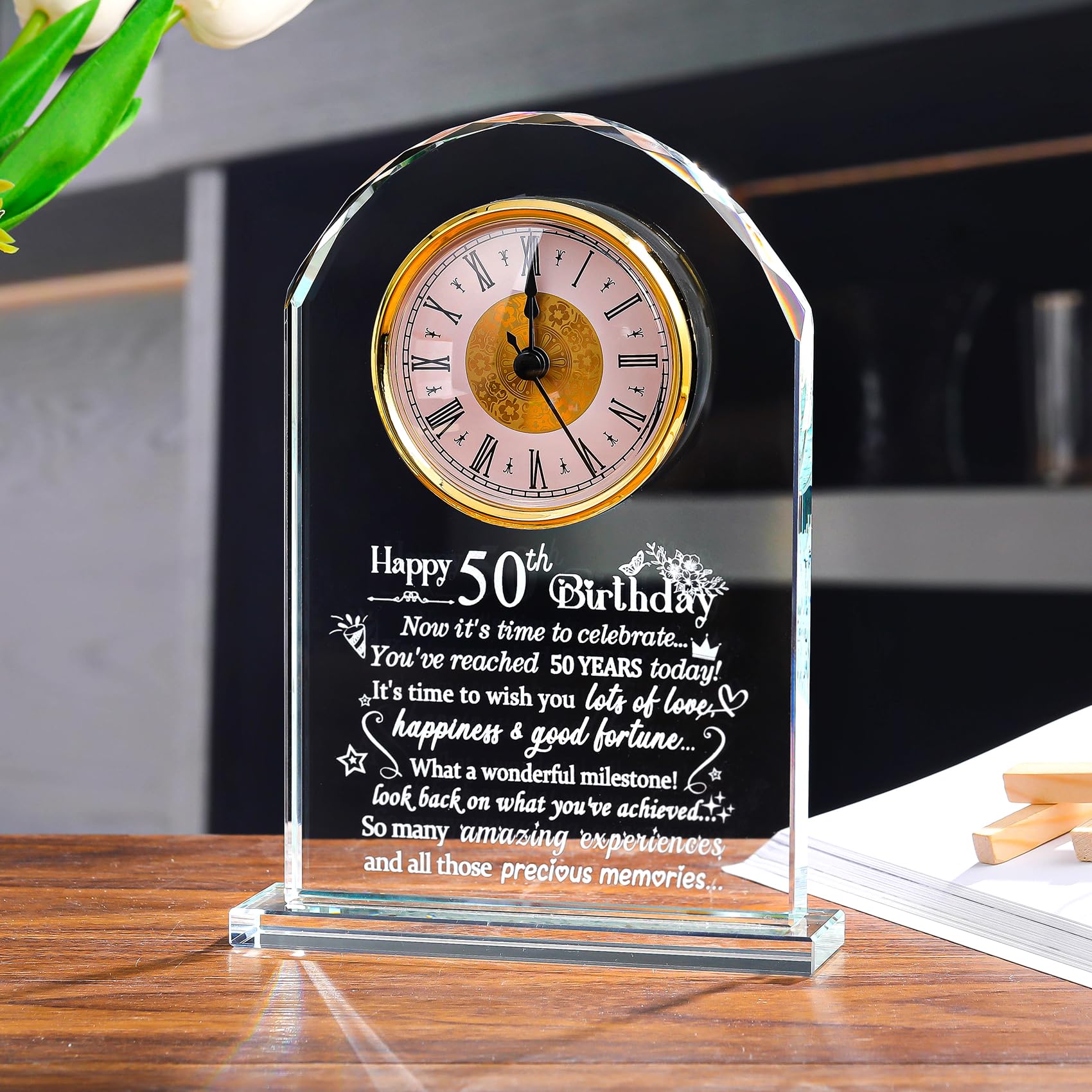 50th Birthday Quartz Clock Gifts for Women Ladies, Happy 50th Birthday Glass Keepsake Ornament Presents for Men Turning 50 Years Old