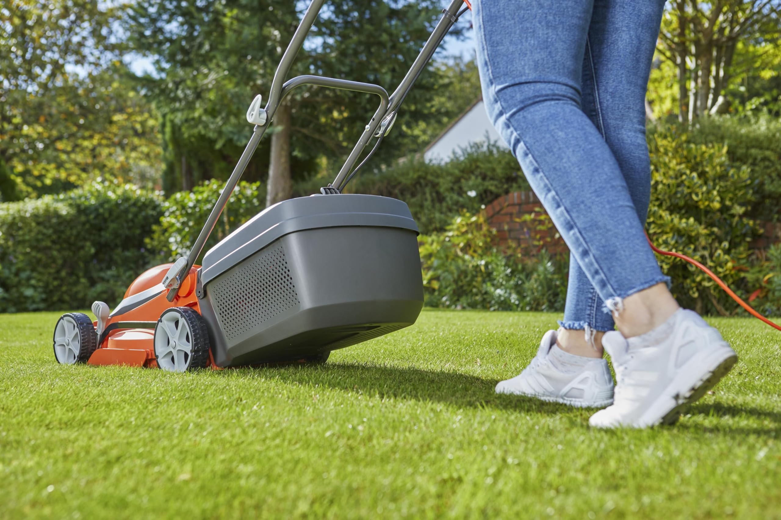 Flymo EasiStore 380R Electric Rotary Lawn Mower - 38 cm Cutting Width, 45 Litre Grass Box, Close Edge Cutting, Rear Roller, Central Height Adjust, Space Saving Storage Features