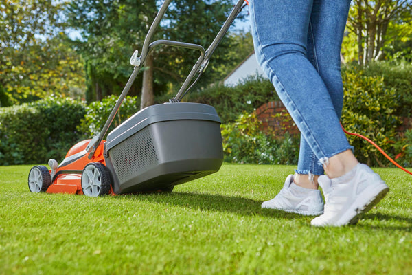 Flymo EasiStore 380R Electric Rotary Lawn Mower - 38 cm Cutting Width, 45 Litre Grass Box, Close Edge Cutting, Rear Roller, Central Height Adjust, Space Saving Storage Features