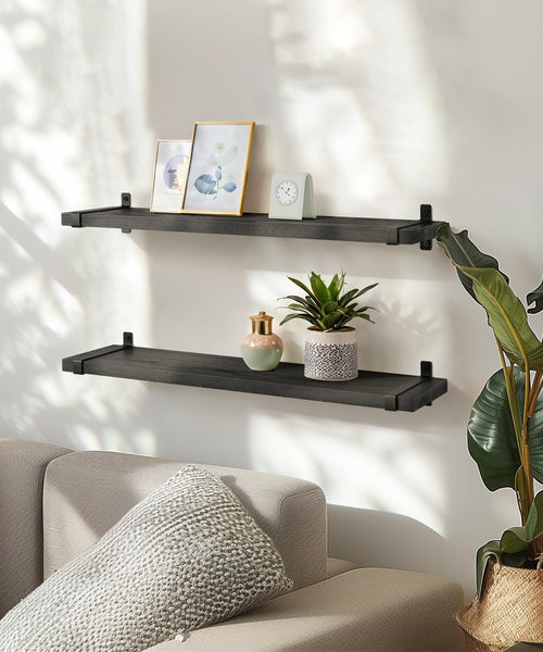 Gronda Floating Shelves for Wall Black Wooden Shelves 60CM Wall Shelf Unit With Brackets to Storage Display Decors Books Set of 2 Wall Shelves for