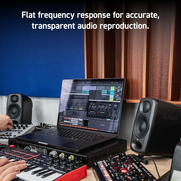 IK Multimedia iLoud Micro Monitor Pro - Pair - 2-Way bi-amped, highly portable, digitally controlled compact reference studio monitors. X-MONITOR. Incl. ARC calibration mic. Black.