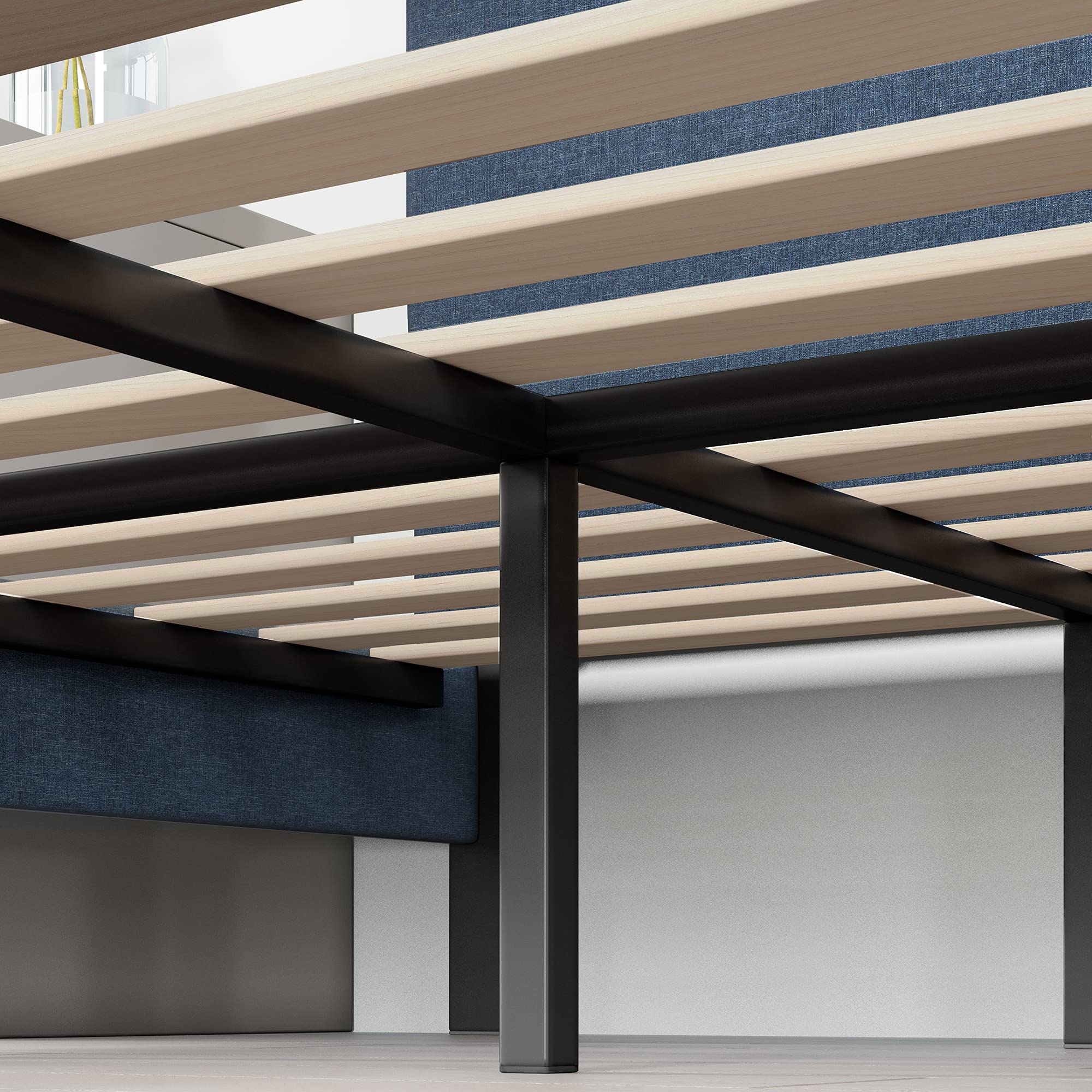 Zinus Omkaram Single Bed frame - Bed 90x190 cm - 36 cm Height - Upholstered Platform Bed frame with Wood slat support - Navy Blue