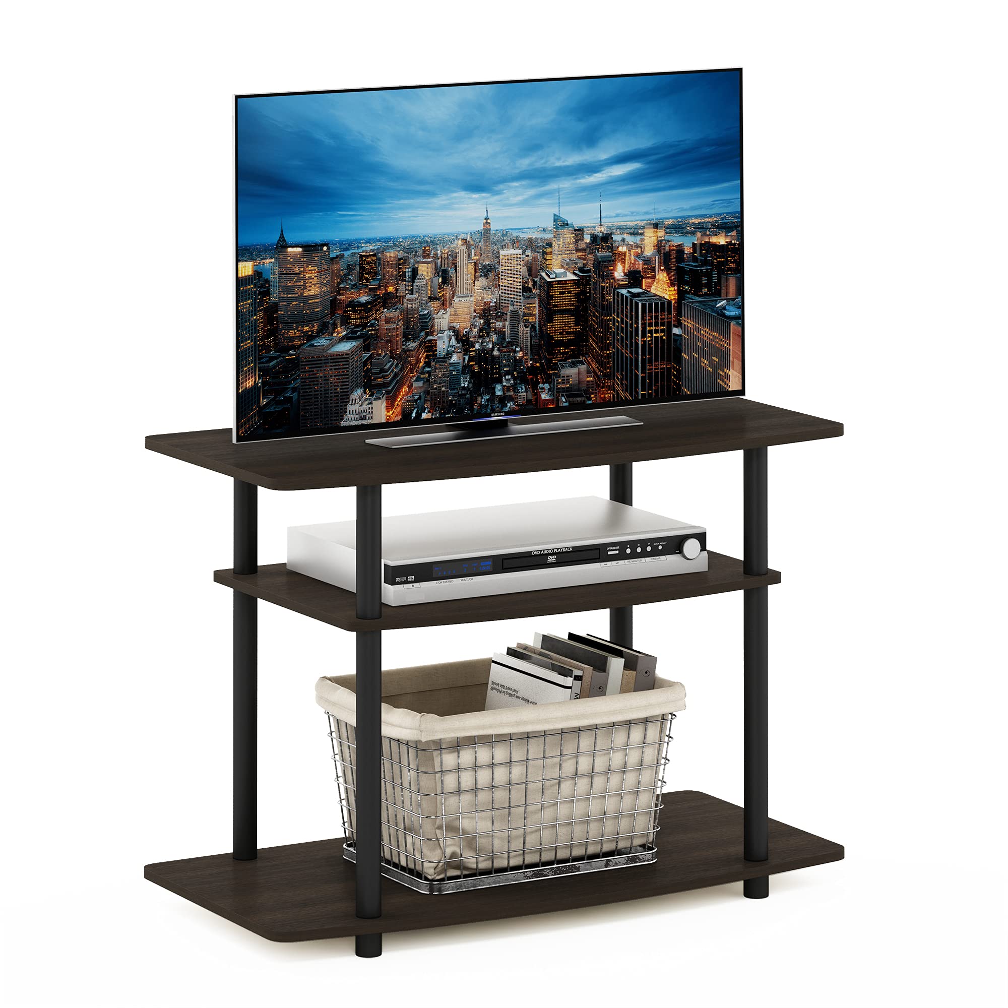 Furinno No Tools 3-Tier Entertainment Center Stand, TV Stands, TV Unit, TV Shelf, Dark Brown/Black